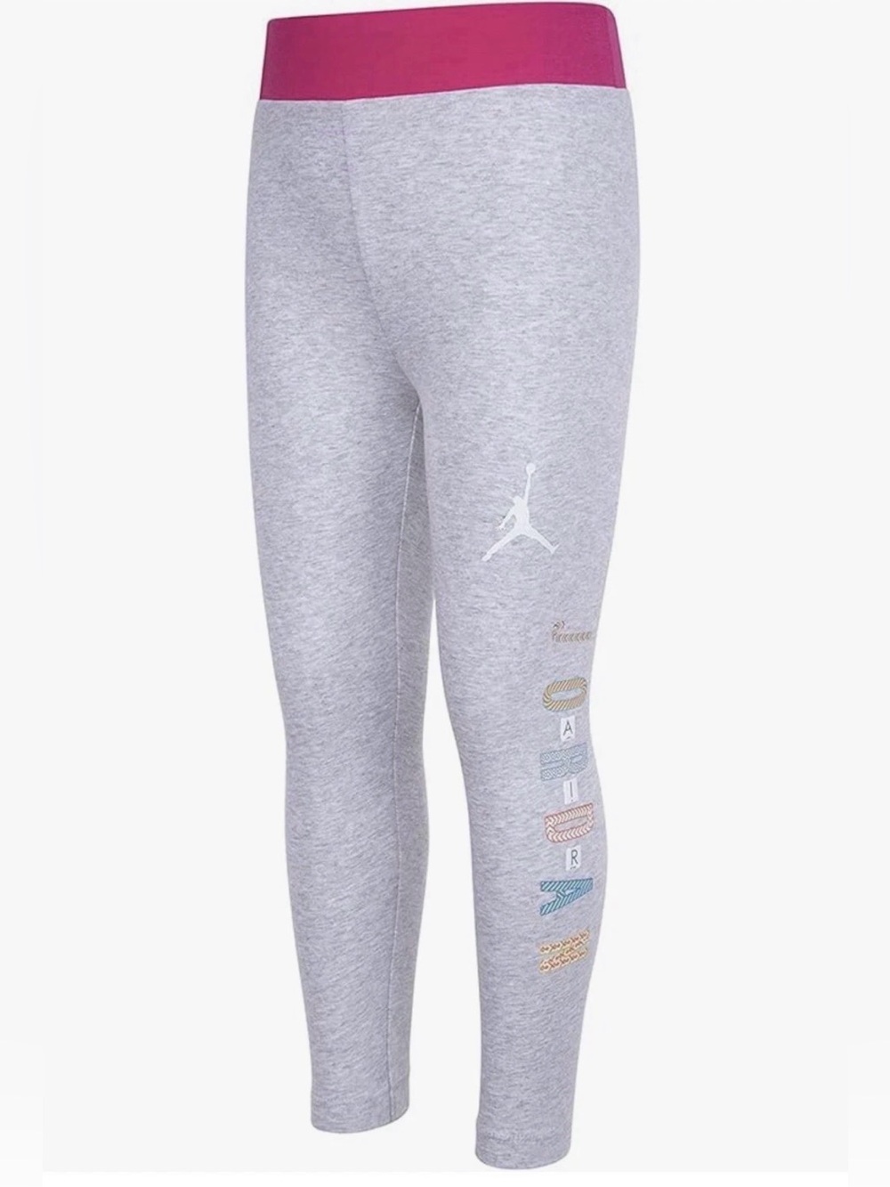 Jordan Grey Leggings with Pink Waistband and Multicolor Side Lettering - Size 5